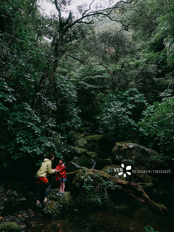 母亲和学龄前女儿在日本八丈岛森林里牵手徒步图片素材