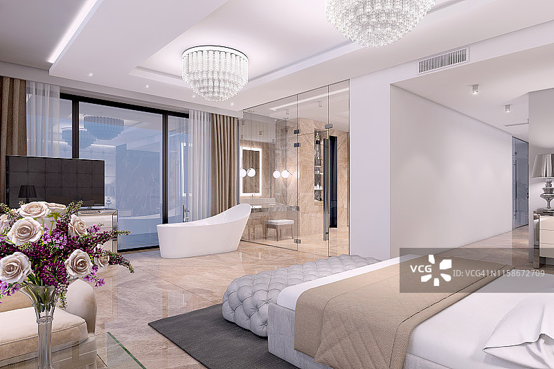 带玻璃墙浴室的豪华开放式卧室内部图片素材
