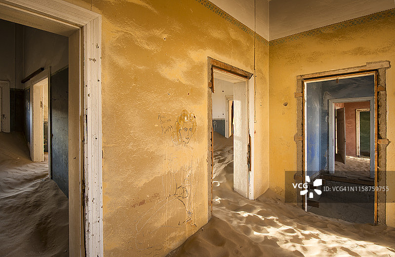 纳米比亚科尔芒斯科普鬼镇废弃房屋墙上的手绘女人像图片素材