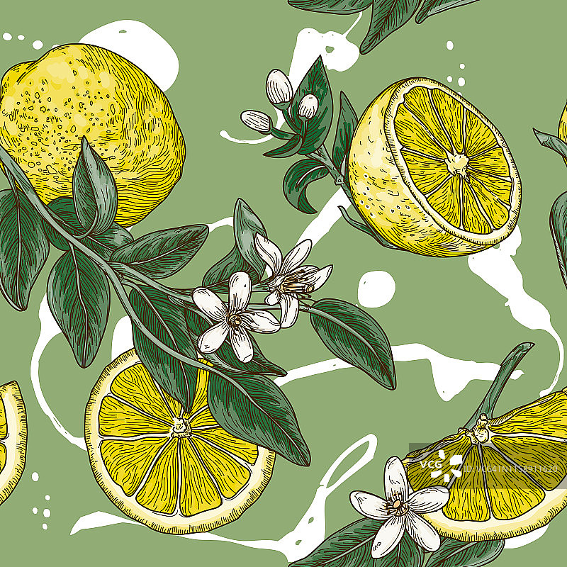 复古柠檬柑橘花无缝图案图片素材