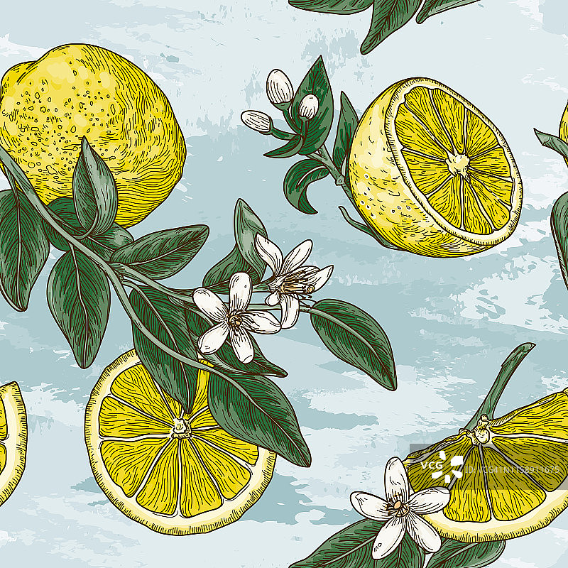 复古柠檬柑橘花无缝图案图片素材