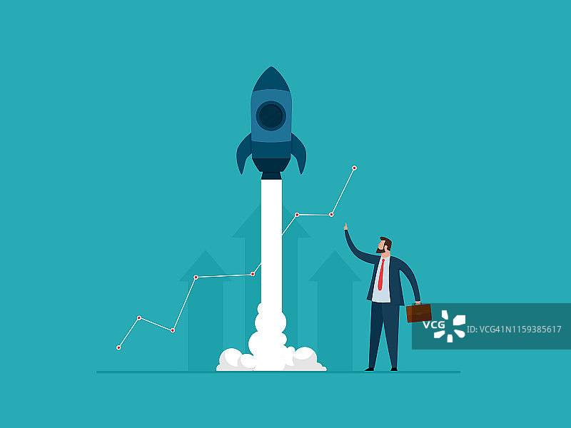 商业启动概念：商人成功发射火箭图片素材