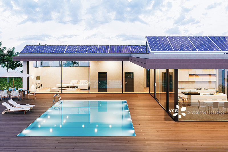 配备太阳能电池板的豪华别墅图片素材