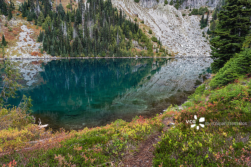 尤尼斯湖中的松树倒影图片素材