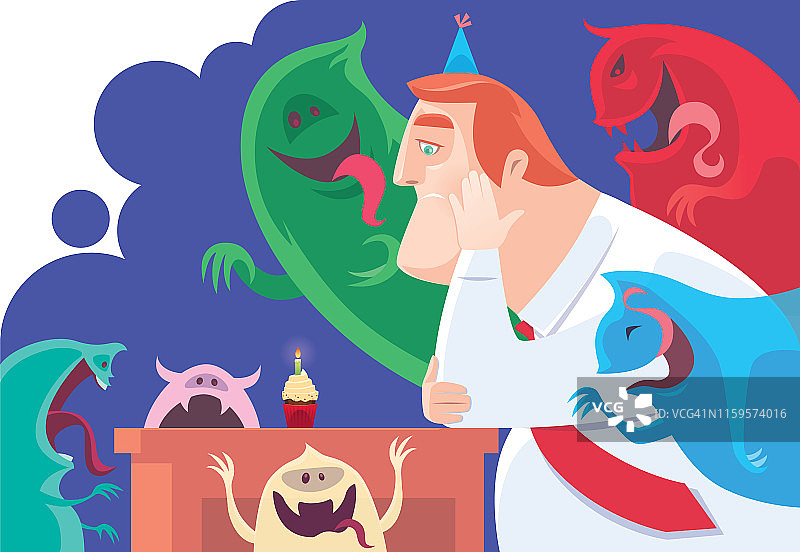 孤独的男人与纸杯蛋糕和恶魔图片素材