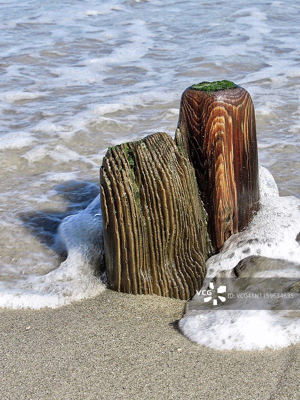 开放道路尽头的海滩风化木桩快照图片素材