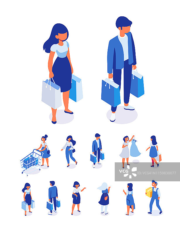 2.5D购物人物矢量素材：顾客、购物者与购物车促销图片素材