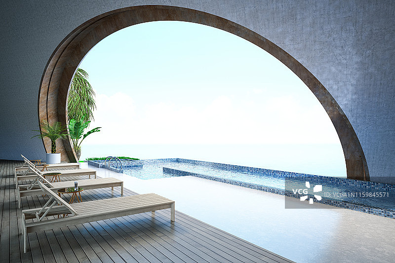 带景观的半开放游泳池图片素材