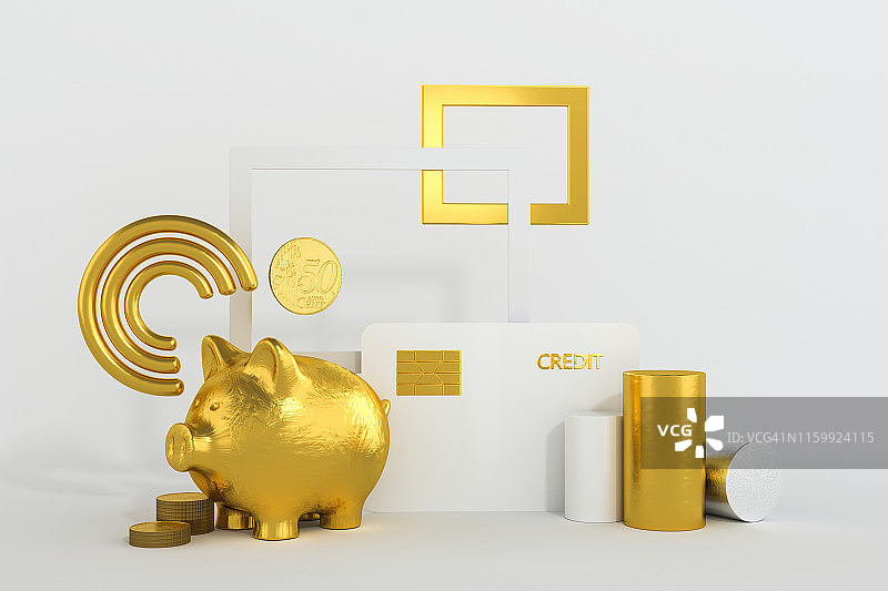 带小猪的信用卡3D渲染图片素材