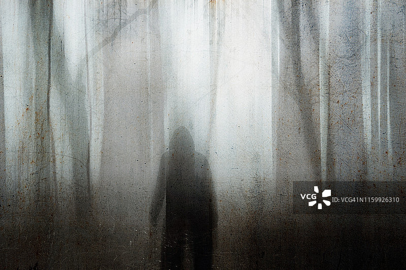 在雾蒙蒙的冬日，一个戴着兜帽的人看着一片阴森的森林图片素材