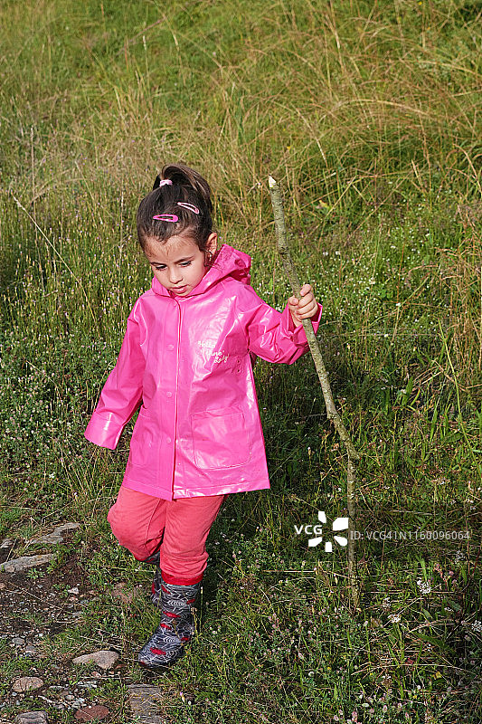 穿着雨衣、雨靴和斗篷的小女孩走在田野上，手持树枝图片素材