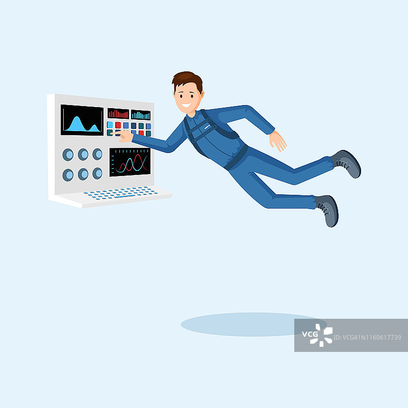 宇航员训练扁平矢量插画，宇宙飞船控制面板卡通人物，零重力外太空任务图片素材