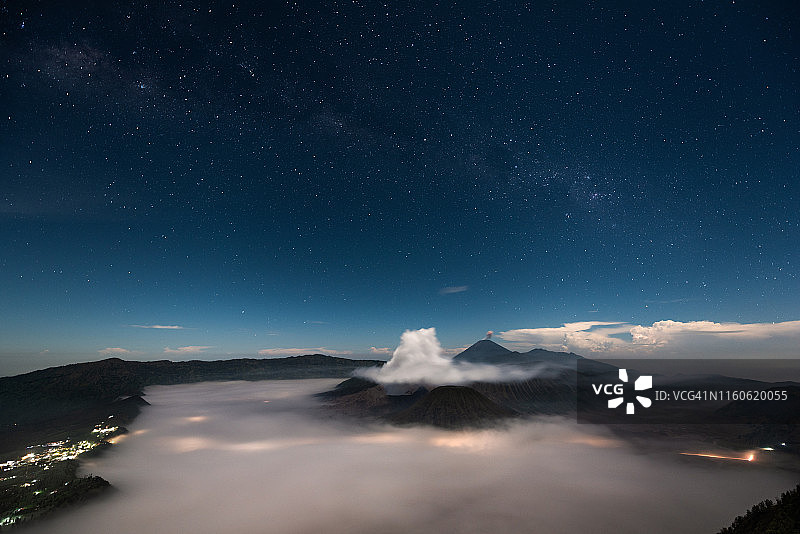 婆罗摩火山和塞梅鲁火山上的银河与星空图片素材