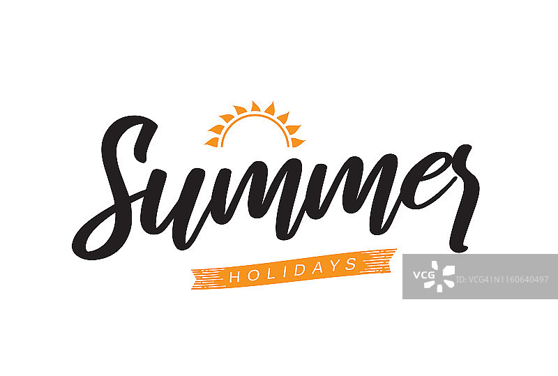 白色背景上带有太阳和丝带的夏季假日字母，矢量插图图片素材