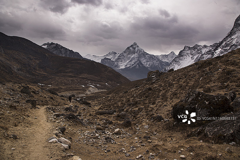 宗拉附近的徒步小径，背后是喜马拉雅山峰，尼泊尔珠穆朗玛峰大本营图片素材