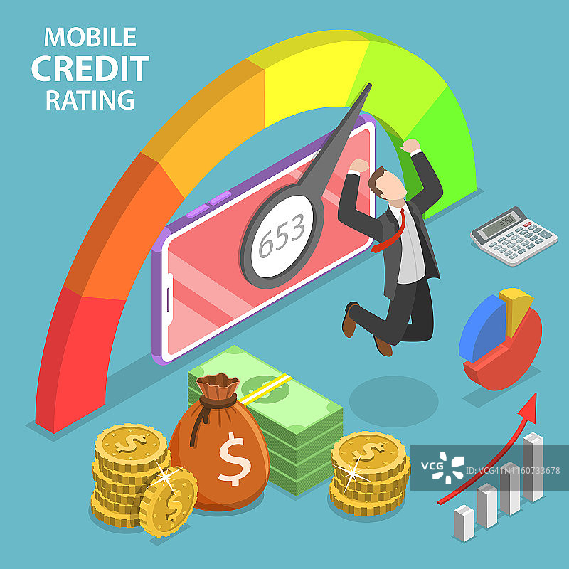 2.5D扁平风格移动信用评级APP个人信用评分概念图片素材
