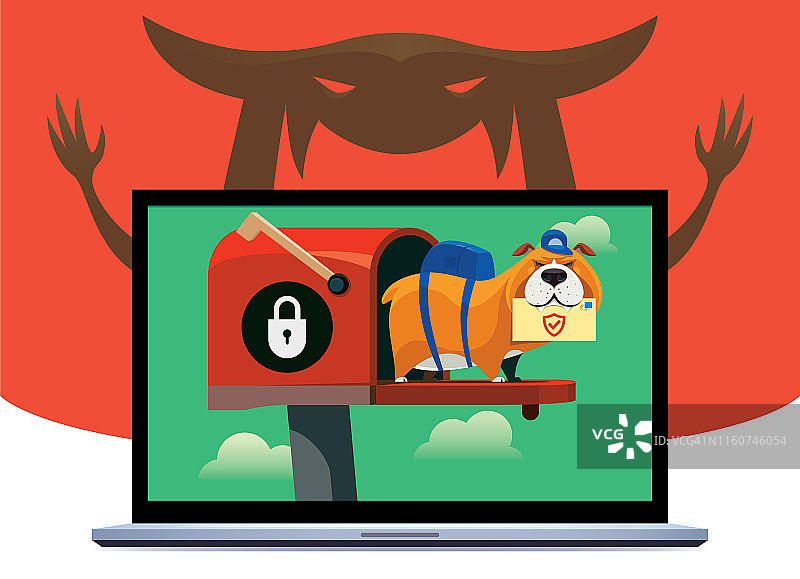 拿着安全信封和笔记本电脑的快递犬图片素材