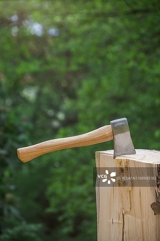 原木上的斧头特写图片素材