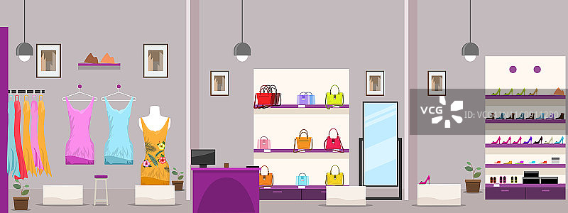 大型女性服装购物中心或精品店内部矢量插图图片素材