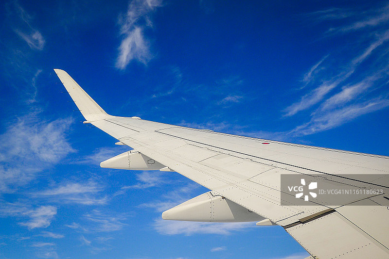 明亮蓝天白云上的飞机机翼图片素材