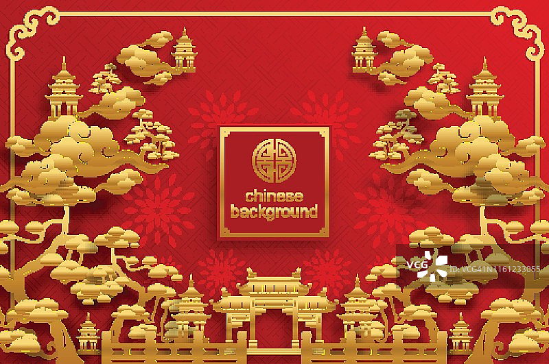 具有精美图案的中国风婚礼请柬卡片模板，彩色纸背景图片素材