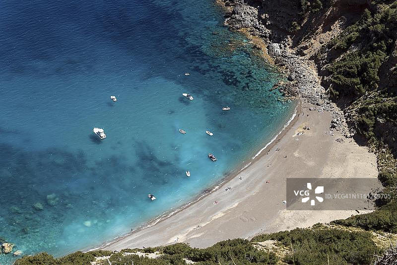 西班牙马略卡岛科尔巴克斯海滩碧绿海水与船只图片素材