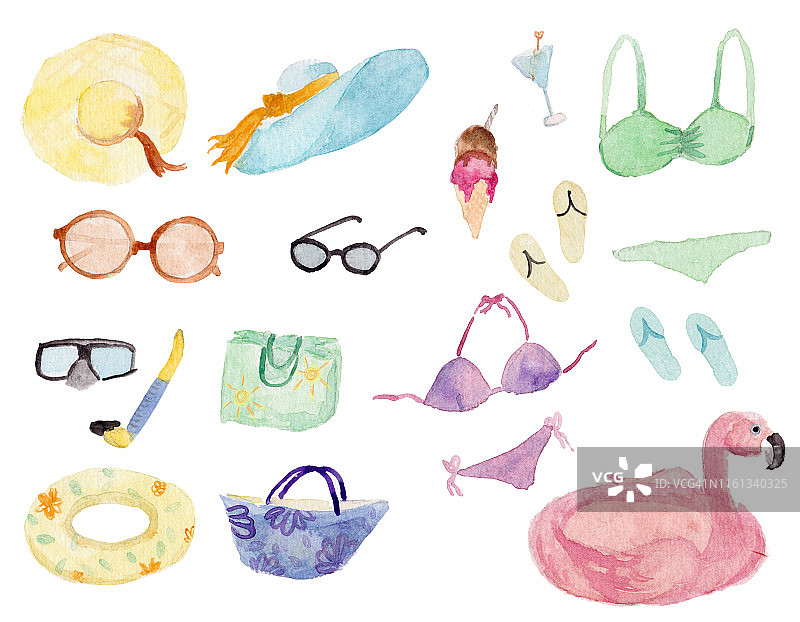 夏季海滩水彩元素图片素材