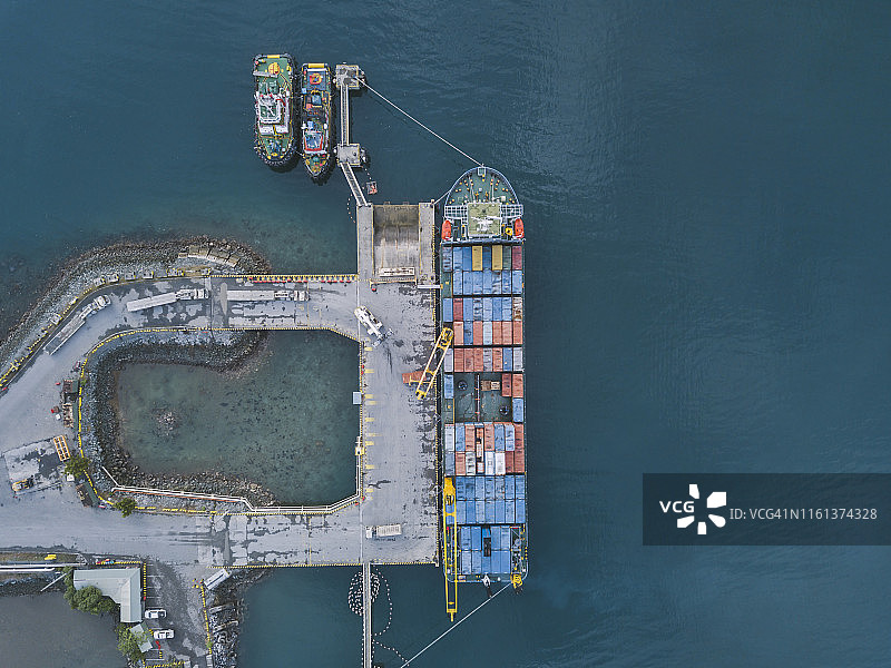 印度尼西亚松巴哇岛马鲁克港口鸟瞰图：集装箱船图片素材