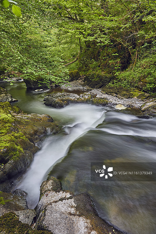 河流流经古老的林地：英国德文郡埃克斯穆尔国家公园沃特斯米特地区的东林河图片素材