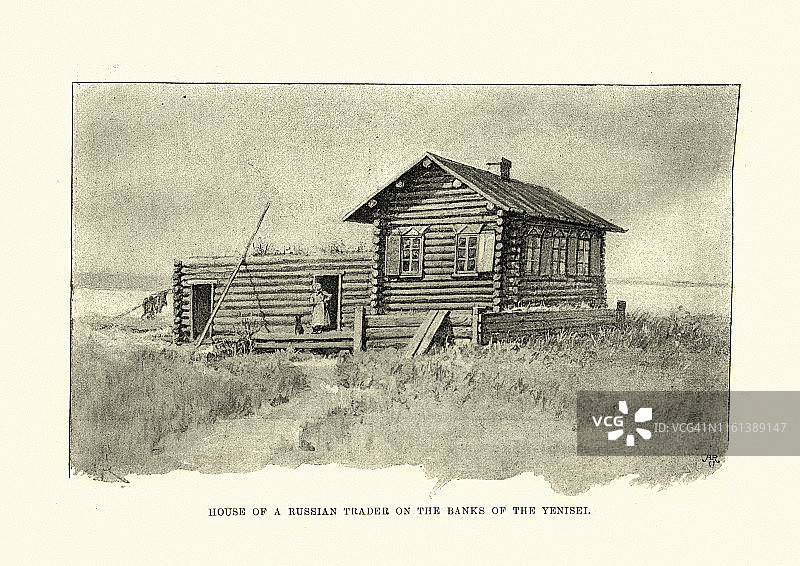 19世纪西伯利亚叶尼塞河畔的俄罗斯商人房屋图片素材