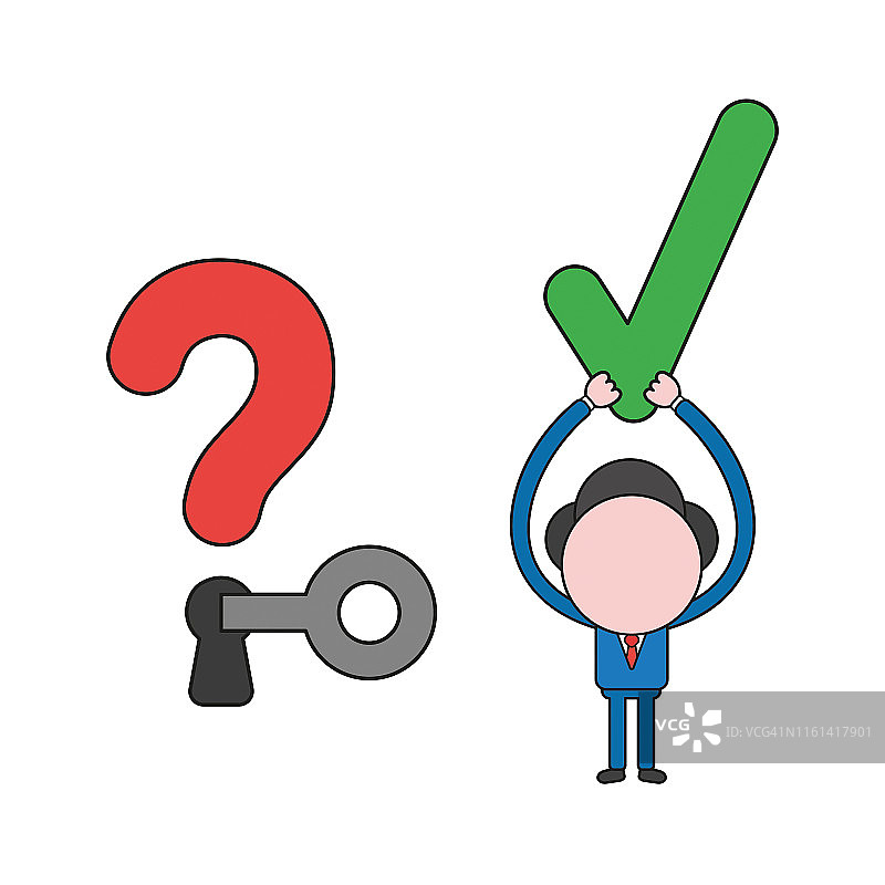 商人用钥匙解锁问号锁孔并举起勾选标记矢量插图（彩色和黑色轮廓）图片素材