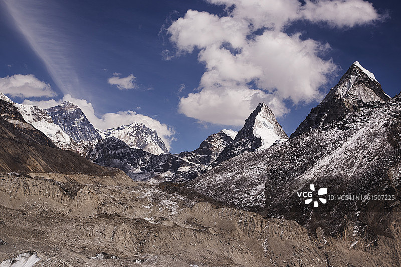 从尼泊尔Gokyo徒步路线的珠穆朗玛峰大本营眺望珠穆朗玛峰、洛子峰和洛布切峰图片素材