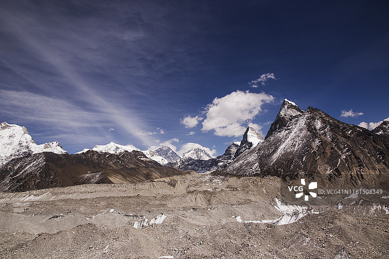 从尼泊尔珠穆朗玛峰大本营眺望珠穆朗玛峰和洛子峰图片素材