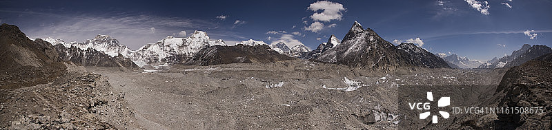 尼泊尔珠穆朗玛峰山区流氓观景点全景banner:珠穆朗玛峰、洛子峰和卓奥友峰,经由Gokyo徒步至珠峰大本营图片素材