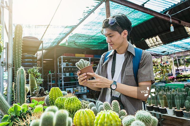 在泰国孔敬街头市场卖仙人掌的年轻亚洲旅行者图片素材