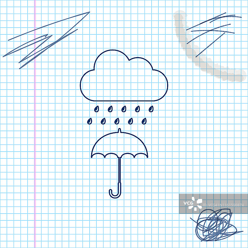 雨伞雨滴云朵线条草图图标图片素材