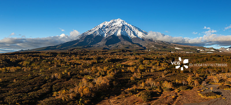 秋季山地全景：锥形雪山活火山、橙黄色森林和蓝天的航拍图片素材