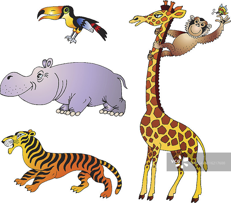卡通长颈鹿、大象、猎豹和猴子图片素材