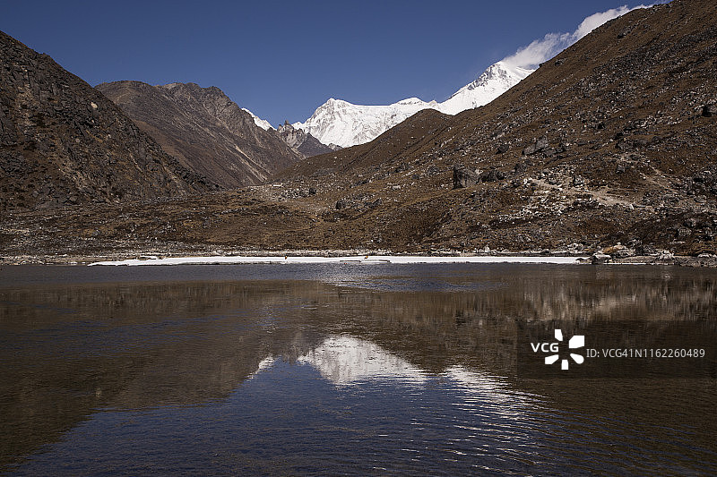 从Gokyo徒步到珠穆朗玛峰大本营途中，Gokyo第二湖中卓奥友峰的倒影，尼泊尔图片素材