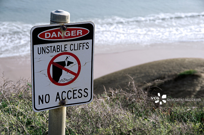 “危险：悬崖不稳定，禁止入内”标志图片素材