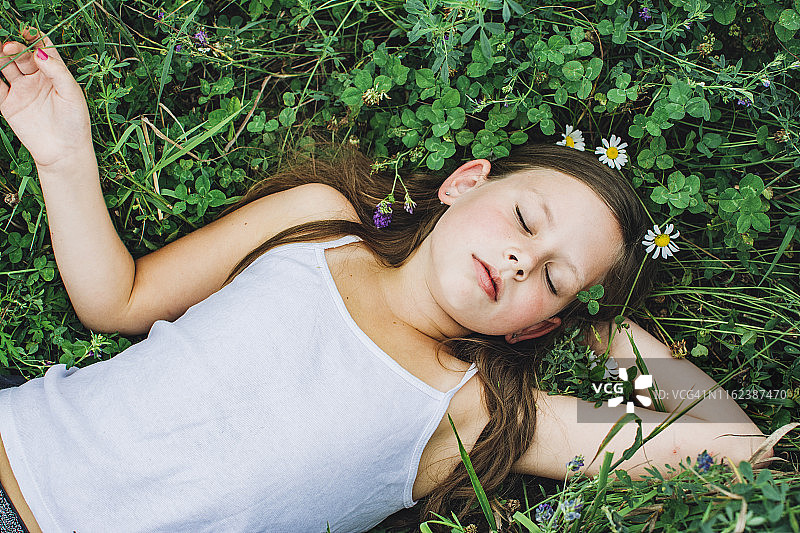 佩戴雏菊花环的年轻女孩在三叶草田中休息图片素材