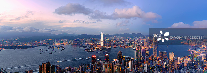 维多利亚港九龙半岛香港岛日落城市风光图片素材