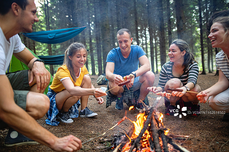 朋友们露营烧烤聚会图片素材