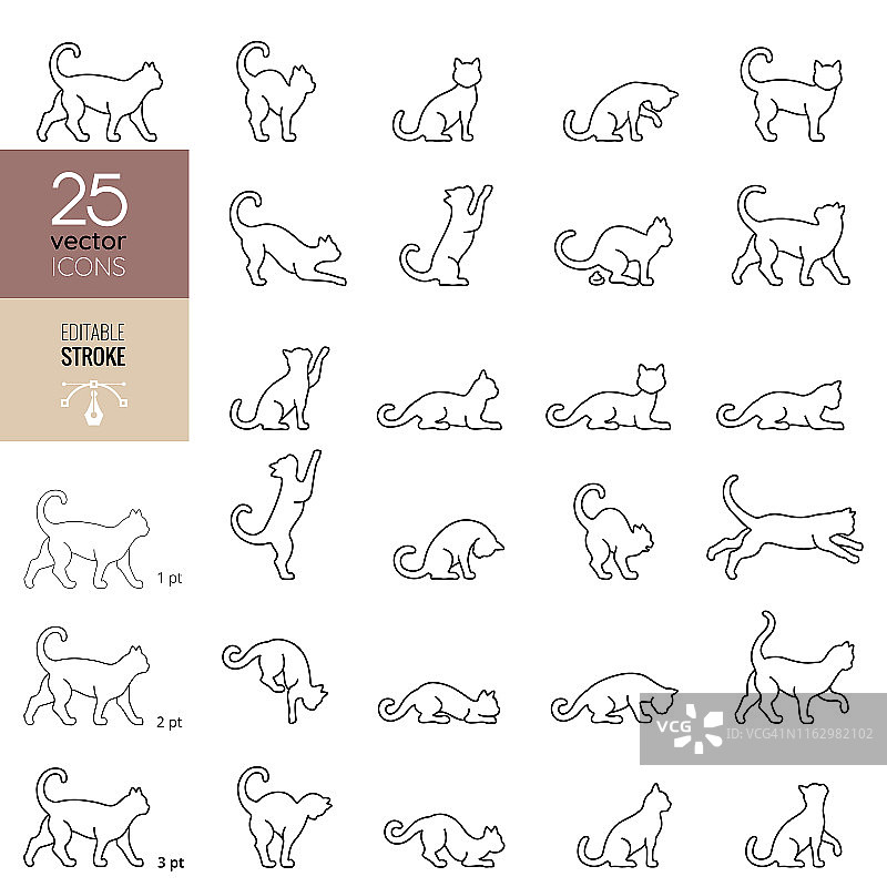 猫咪线条图标集。可编辑笔画。图片素材