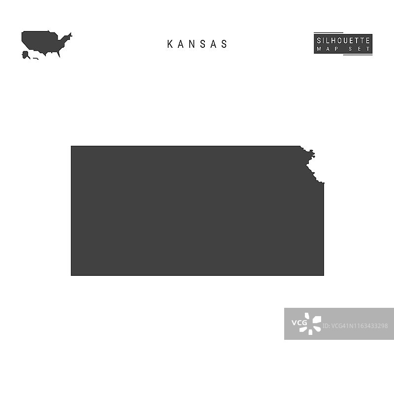 白色背景上孤立的堪萨斯州矢量地图，堪萨斯州高精度黑色轮廓地图图片素材
