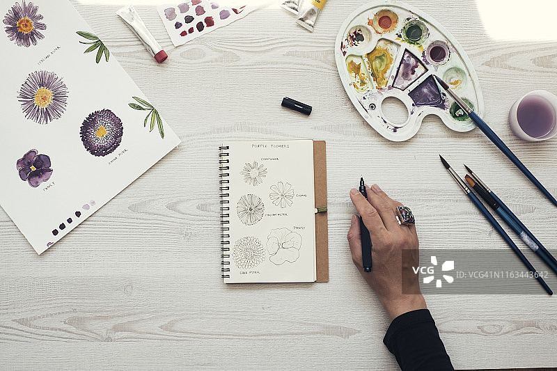 女人画花，顶视图图片素材