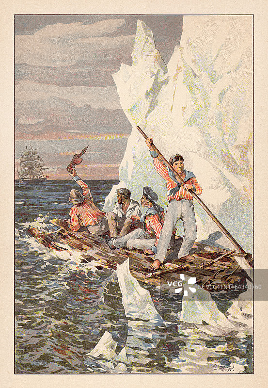 冰山上的沉船水手，彩色石印，出版于1892年图片素材