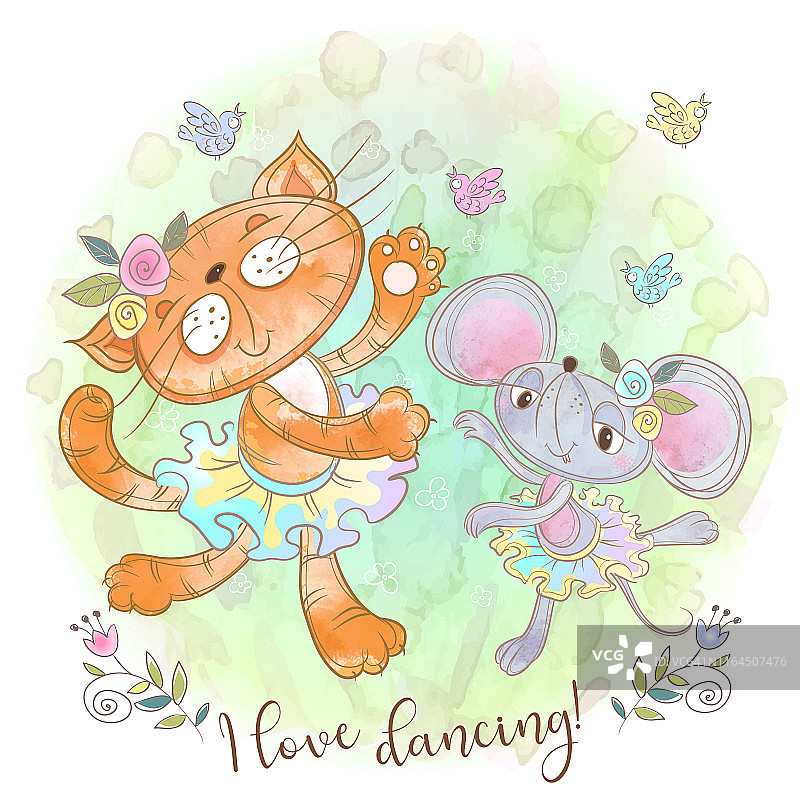 可爱的猫和老鼠跳舞矢量图图片素材