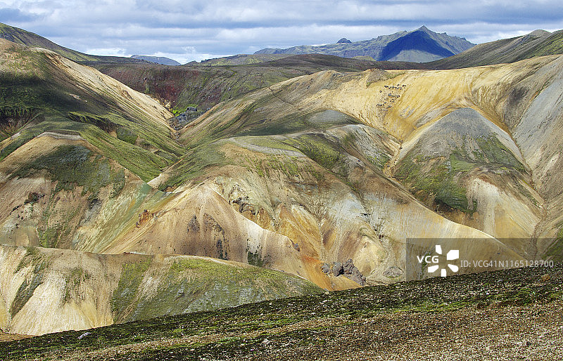 夏季晴朗时，兰德曼纳劳卡由各种形状和颜色的流纹岩山丘组成的典型彩色景观图片素材