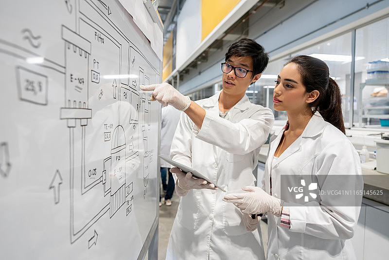 在大学实验室里向女同学讲解过程的男学生图片素材